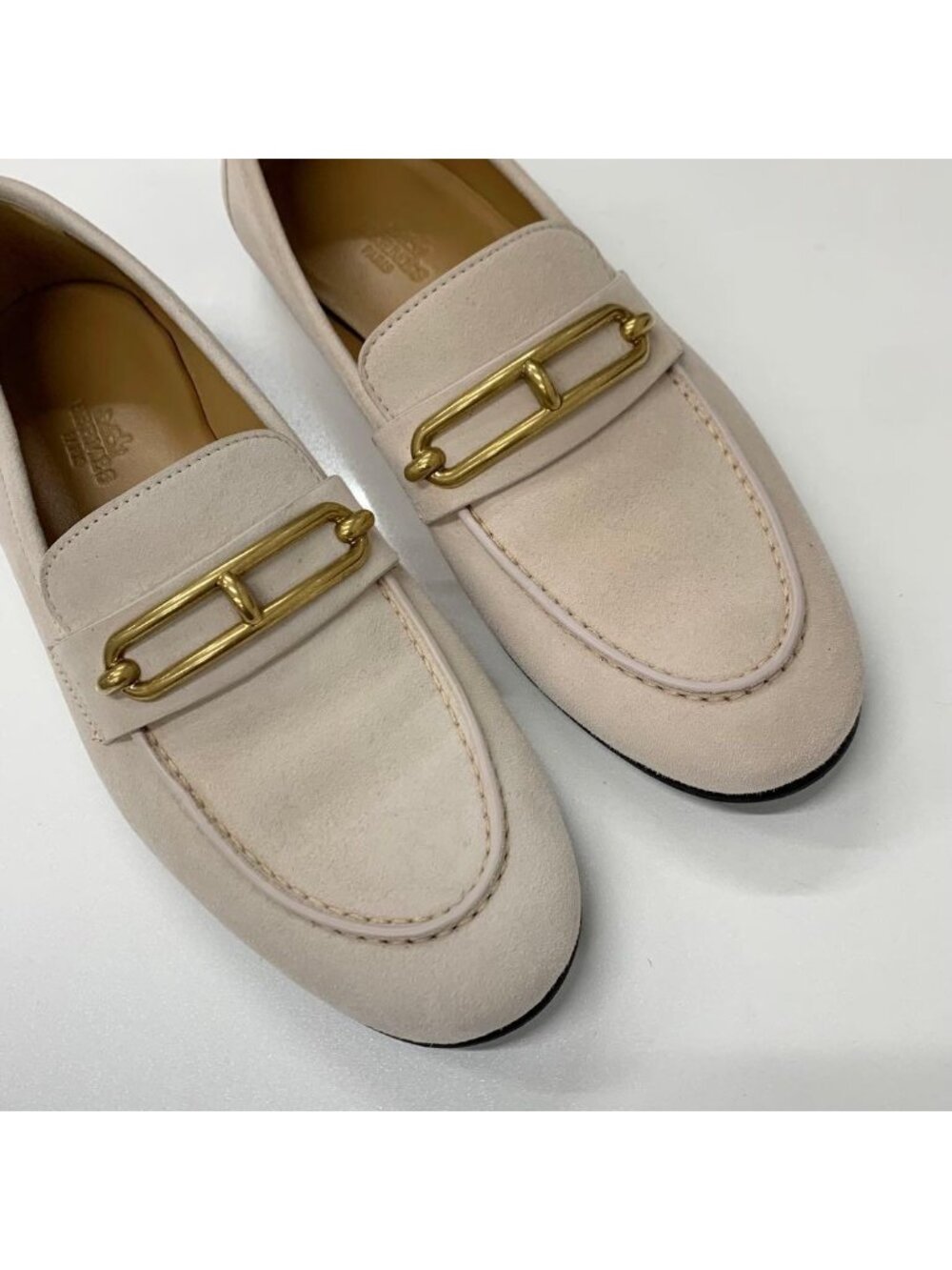 Hermes Colette Suede Roulis Buckle Moccasins Loafers Pink Beige - Picture 9 of 10